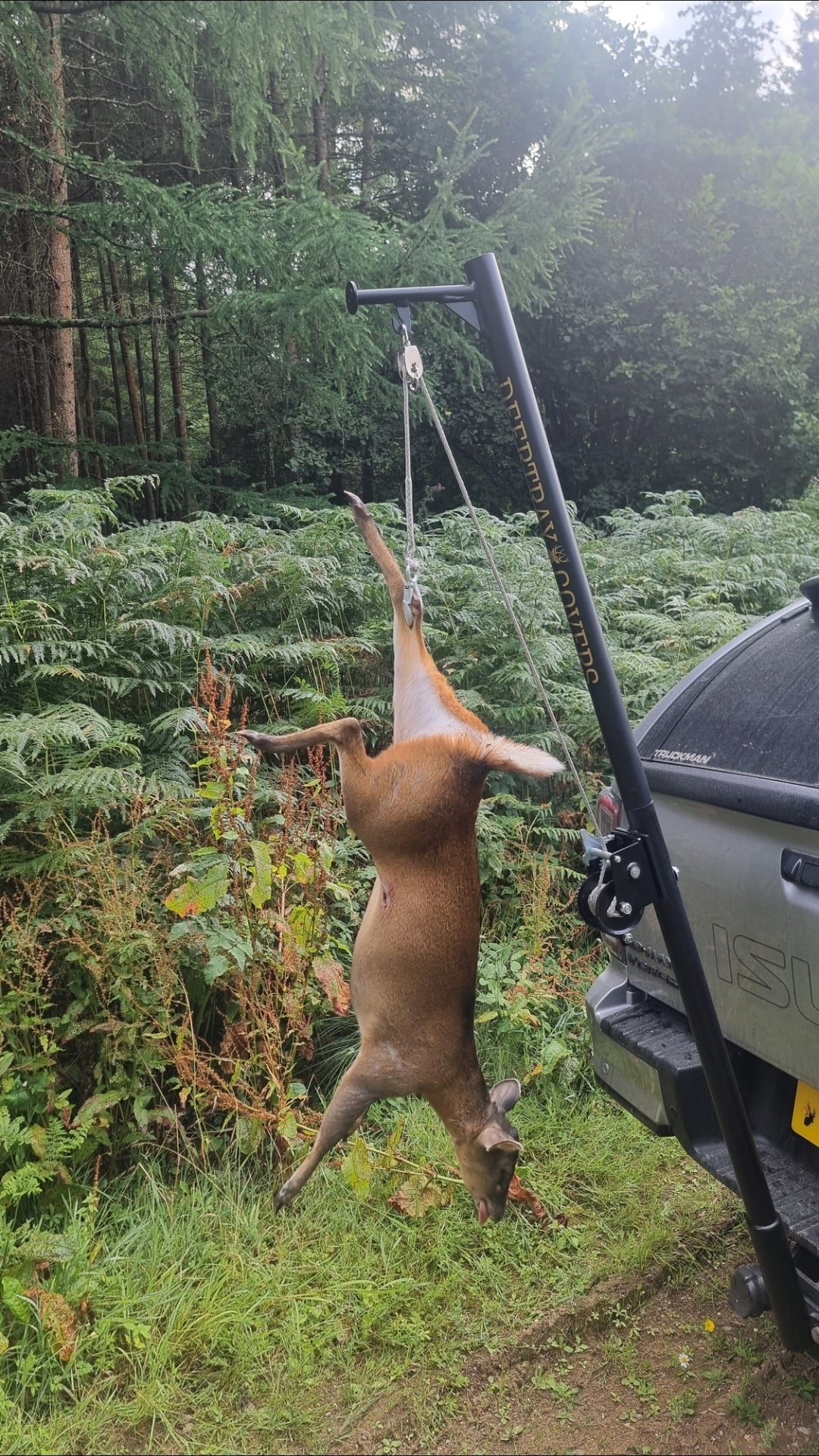 Complete tow bar mounted gralloching hoist system featuring a Dyneema rope winch